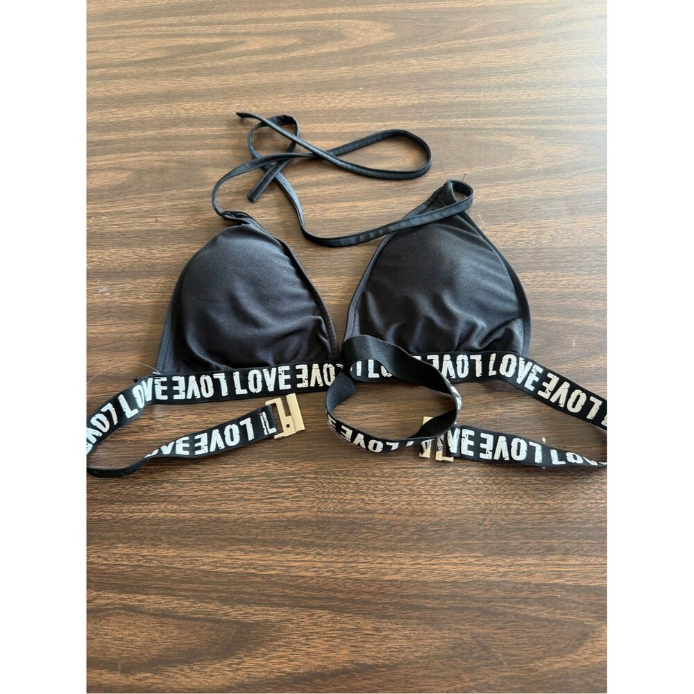 Women's Black Triangle Bikini Top with 'LOVE' Elastic Band